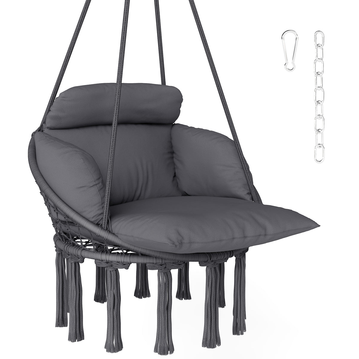 Hammock Swing Chair, Macrame Hanging Chair with Large Cushion, Chain, Steel Frame for Indoor Outdoor Use, Dark Gray