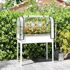 Raised Garden Bed with Flip-Up Greenhouse Cover, Metal Elevated Garden Bed with Legs and Drainage Hole, White