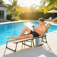 Folding Outdoor Chaise Lounge Chair Tanning Chair with 5-Level Adjustable Back, Side Table, Pillow, Pocket, Mixed Color