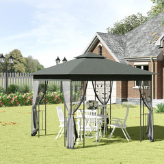  10' x 10' Metal Patio Gazebo, Double Roof Outdoor Gazebo Canopy Shelter with Tree Motifs Corner Frame and Netting, for Garden, Lawn, Backyard, and Deck, Gray