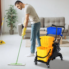 2 x 6.9 Gallon Mop Water Bucket Wringer Cart with Easy to Use Side Press Wringer, Smooth Wheels, Mop-Handle Holder