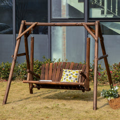 6.5' Outdoor Rustic Loveseat 2 Person Freestanding Solid Wood Natural Log Garden Swing, Brown