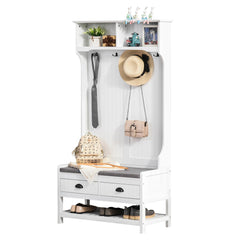 3-in-1 Hall Tree, Entryway Bench with Coat Rack, Mudroom Bench with Shoe Rack, 2 Storage Drawers, 4 Hooks and Padded Seat Cushions for Hallway, White
