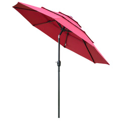 9FT 3 Tiers Patio Umbrella Outdoor Market Umbrella with Crank, Push Button Tilt for Deck, Backyard and Lawn, Wine Red