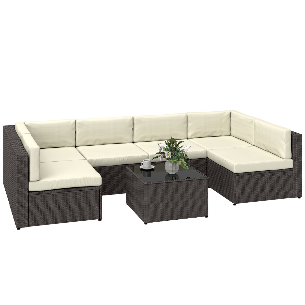 7 Piece Patio Furniture Set, All Weather PE Rattan Outdoor Furniture Conversation Sets with Glass Top Coffee Table