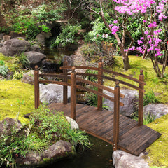 7.5' Fir Wood Garden Bridge Arc Walkway with Side Railings, Perfect for Backyards, Gardens, & Streams, Carbonized