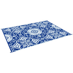 Outdoor Rug for Patio, 9' x 12' Waterproof Large Mat, Reversible Plastic Straw Rug for Decor, Portable Outside RV Camping Area Carpet Mat for Backyard Porch Deck Picnic, Blue & White Floral