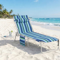 Tanning Chair with Face Hole and Side Table, 5-Position Folding Outdoor Chaise Lounge Chair, Blue Stripe