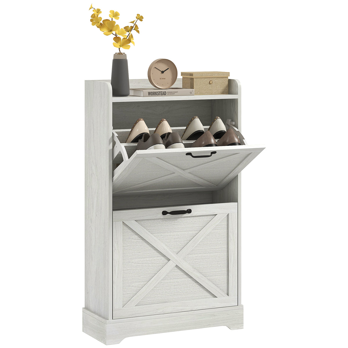 Slim Shoe Storage Cabinet, Farmhouse Shoe Cabinet with 2 Flip Drawers, Adjustable Shelves for 8 Pairs, Distressed White