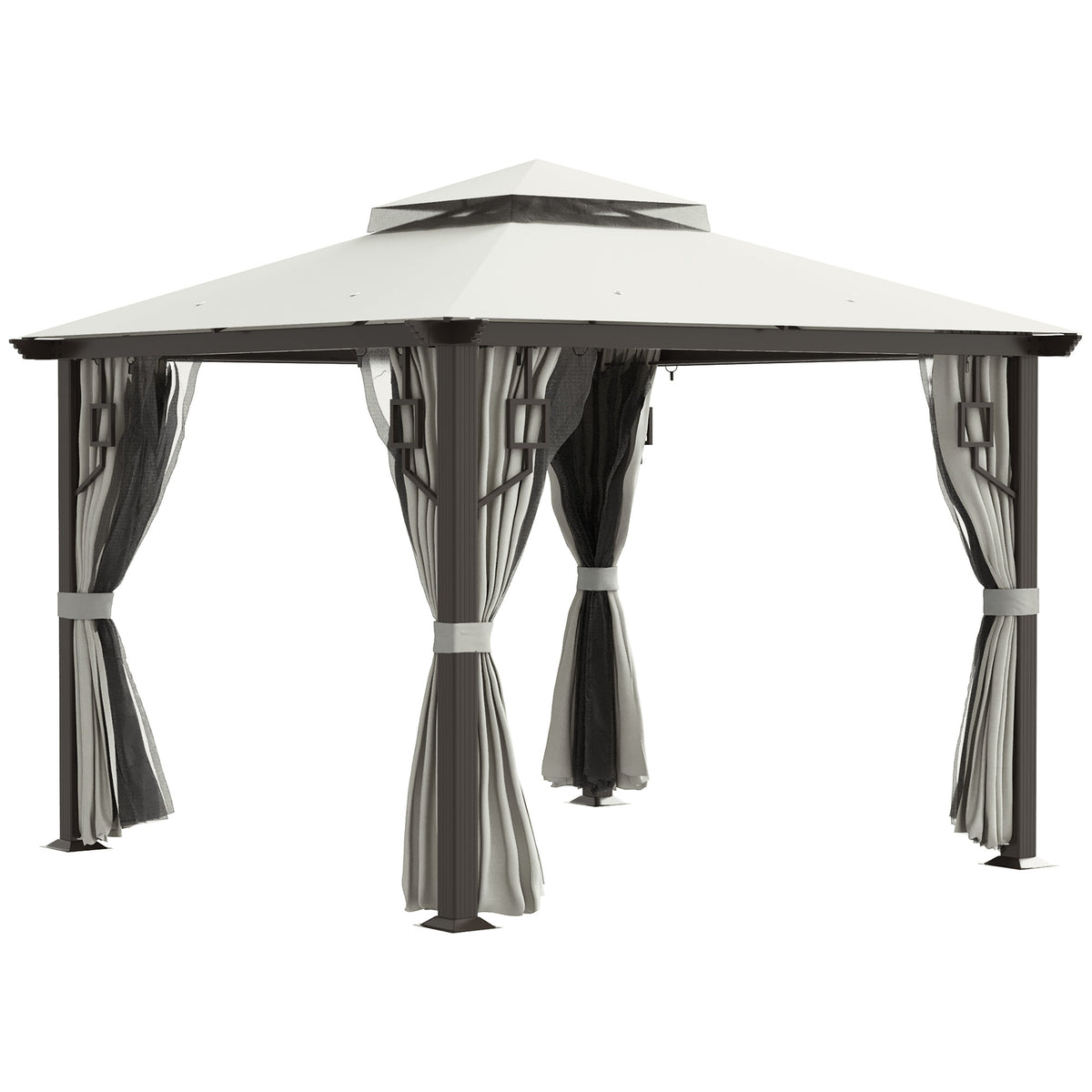 10' x 10' Patio Gazebo, Double Roof Outdoor Gazebo with Privacy Curtains, Mesh Netting, Aluminum Frame Outdoor Canopy Shelter, Cream White