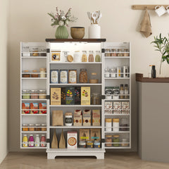 47" Kitchen Cabinet with Sensing LED Light, Kitchen Pantry Cabinet with Doors, Adjustable Shelves, Door Shelves, White