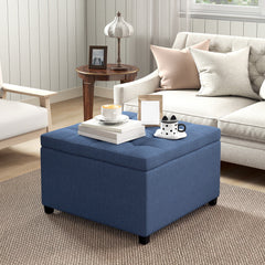 Round Storage Ottoman Bench, Button Tufted Ottoman with Flip Top for Living Room, Entryway and Bedroom, Blue