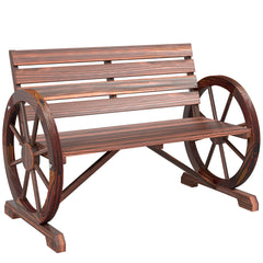 41" Wooden Wagon Wheel Bench, Rustic Outdoor Patio Weather Resistance Furniture, 2-Person Slatted Seat Bench with Backrest, Carbonized