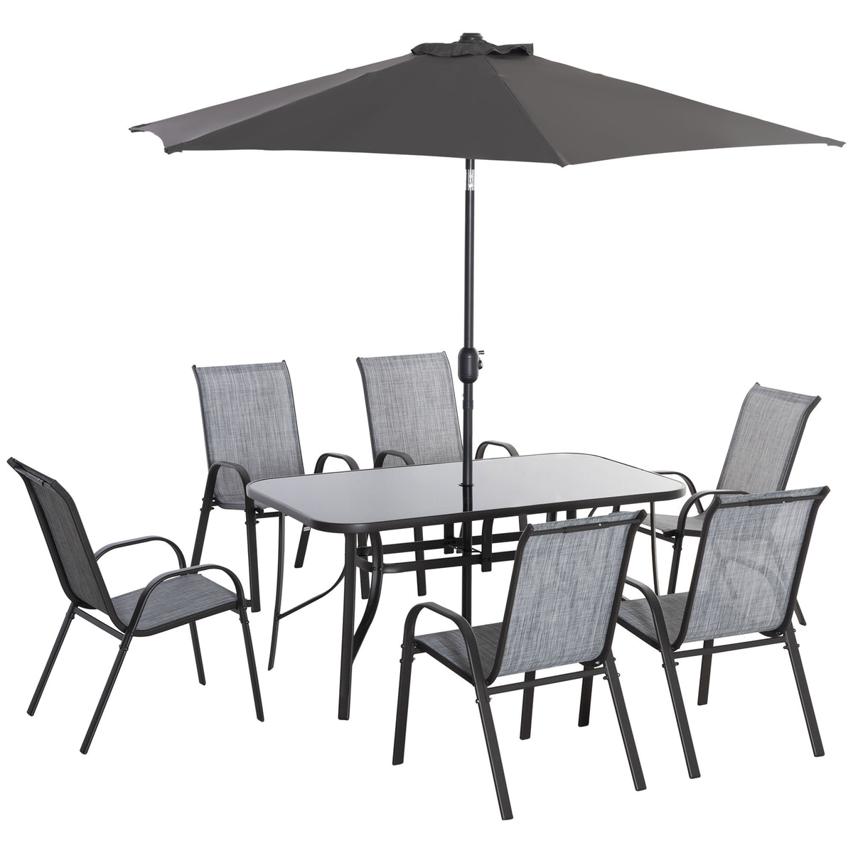 8 Pieces Patio Furniture Set with 9Ft Patio Umbrella, Outdoor Dining Table and Chairs, 6 Chairs, Push Button Tilt and Crank Parasol, Tempered Glass Top, Gray