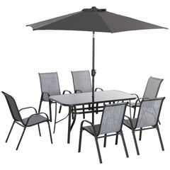 8 Pieces Patio Furniture Set with 9Ft Patio Umbrella, Outdoor Dining Table and Chairs, 6 Chairs, Push Button Tilt and Crank Parasol, Tempered Glass Top, Gray