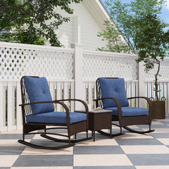 3 Piece Wicker Patio Furniture Set, Outdoor PE Rattan Rocking Chairs with Coffee Table, Cushions for Porch, Brown