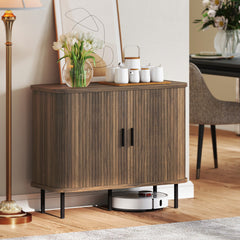 35.4" Sideboard Buffet Cabinet with Storage, Nordic Coffee Bar Cabinet with Slatted Tambour Doors and Metal Legs, Walnut