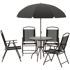 6 Piece Patio Dining Set for 4 with Umbrella, Outdoor Table and Chairs with 4 Folding Dining Chairs & Round Glass Table for Garden, Backyard and Poolside, Black and Coffee