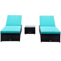 Chaise Lounge Chair Set of 2 with 5 Angle Backrest, Outdoor Coffee Table, Water Repellent Cushions, PE Rattan Wicker Poolside Chairs, 3-Piece Pool Furniture Set, Dark Brown/Turquoise