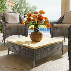Outdoor Side Table with PE Rattan, Patio End Table with Natural Fir Wood Top, Weather Resistant Accent Table for Patio Pool Porch, Gray