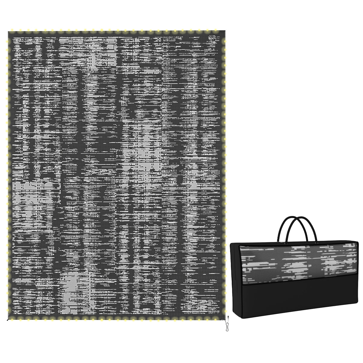 Reversible Outdoor Rug Carpet with LED Lights, Carry Bag & Ground Stakes for Backyard, Deck, Picnic, Beach, 12' x 9'
