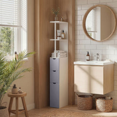 54" Tall Bathroom Storage Cabinet,  Linen Tower with Shelf and Drawers, Narrow Side Floor Organizer, Grey and White