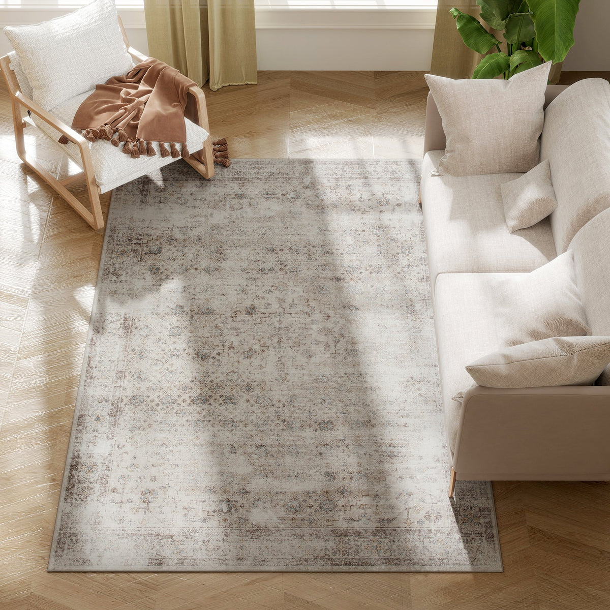 Machine Washable Area Rug 4x6, Non-Slip Traditional Floor Carpet for Living Room, Bedroom, Light Mixed-Brown