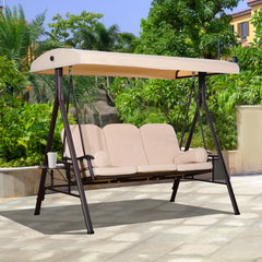 3-Seat Patio Swing Chair, Outdoor Porch Swing Glider with Adjustable Canopy, Removable Cushion, Pillows and Side Trays, for Garden, Poolside, Backyard, Beige