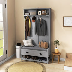 3-in-1 Hall Tree, Entryway Bench with Coat Rack, Mudroom Bench with Shoe Rack, 2 Storage Drawers, 4 Hooks and Padded Seat Cushions for Hallway, Gray