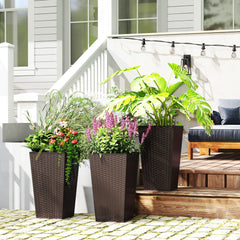 Tall Planters for Outdoor Plants Set of 3, 24 In Taper Planters with Drainage Holes, Rattan Decor Plant Pots for Indoor Outdoor Front Porch Patio Backyard, Brown