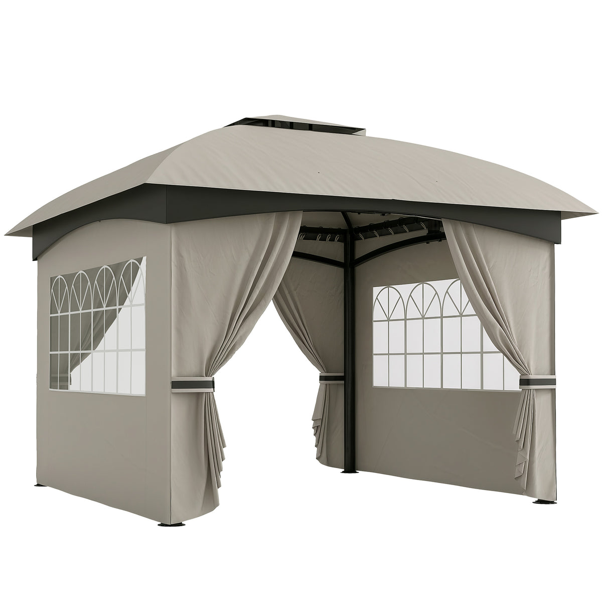 11' x 11' Outdoor Gazebo, Double Roof Patio Gazebo with Curtains, Church Windows, Galvanized Steel Frame, Light Gray