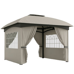 11' x 11' Outdoor Gazebo, Double Roof Patio Gazebo with Curtains, Church Windows, Galvanized Steel Frame, Light Gray