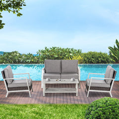 Aluminum Patio Furniture Set, 5 Piece Modern Outdoor Conversation Set with Loveseat Sofa, Chairs, Cushions, Coffee Table & Side Table, Gray