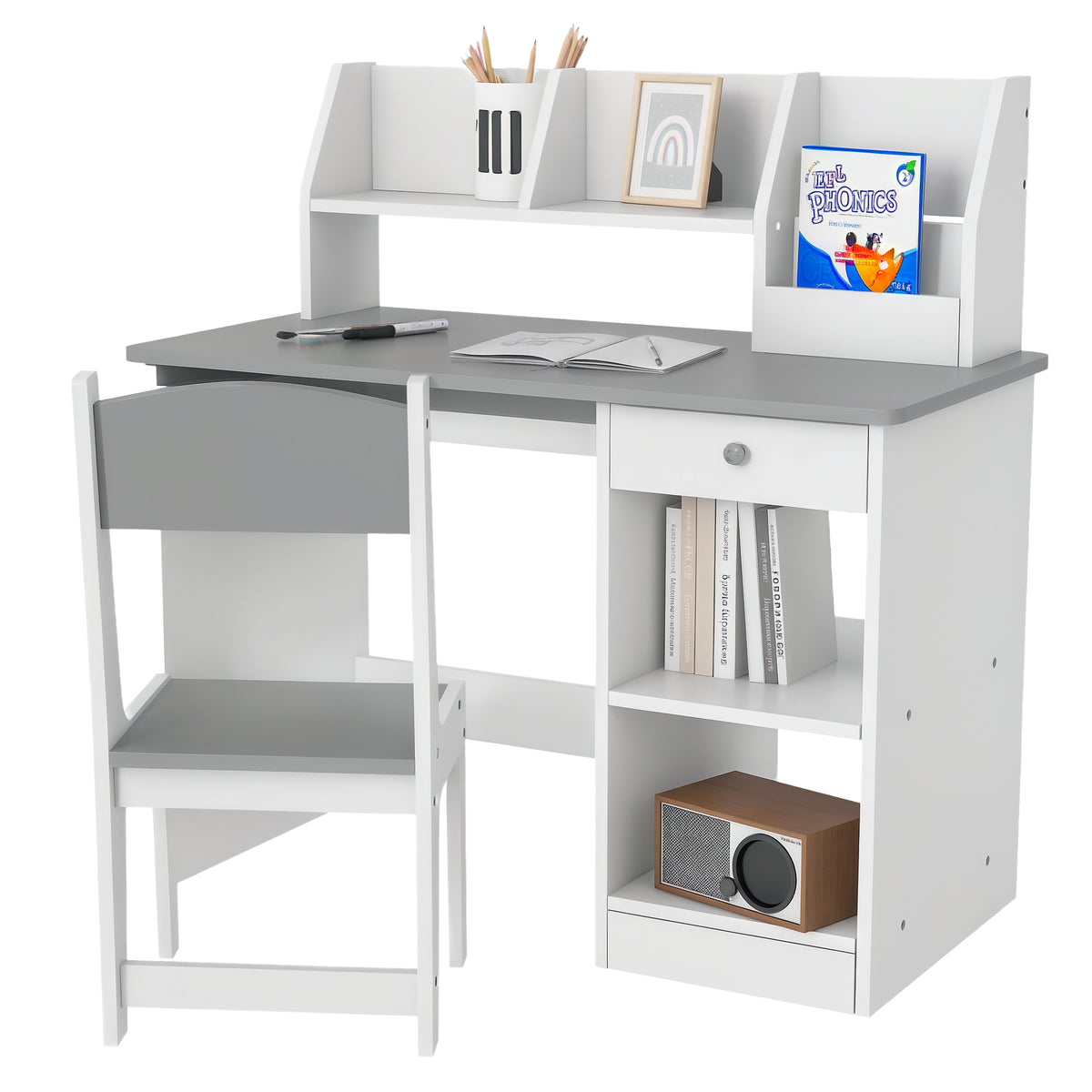 Kids Desk and Chair Set with Storage, Study Desk with Chair for Children 5-8 Years Old, Gray