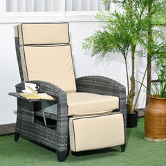 Outdoor Recliner Chair with Cushions, Reclining Patio Lounge Chair with Adjustable Footrest, Armrests, Tray Table, Khaki