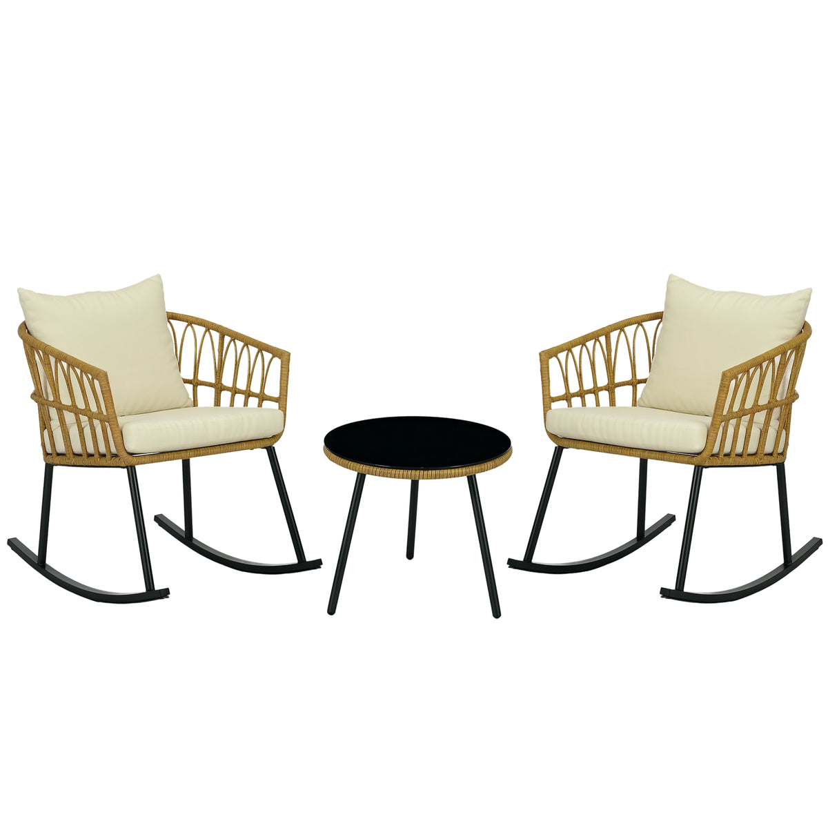 Wicker Outdoor Rocking Chair Set, 3 Piece Patio Bistro Set with 2 Porch Rocker Chairs, Glass Top Coffee Table and Cushions, Patio Conversation Set for Balcony, Backyard, Cream White