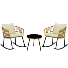 Wicker Outdoor Rocking Chair Set, 3 Piece Patio Bistro Set with 2 Porch Rocker Chairs, Glass Top Coffee Table and Cushions, Patio Conversation Set for Balcony, Backyard, Cream White
