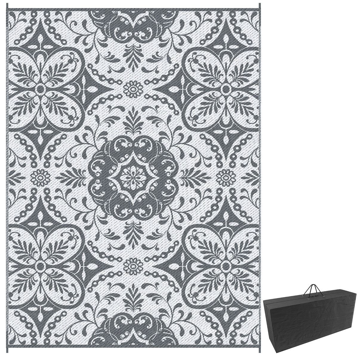 Outdoor Rug for Patio, 9' x 12' Waterproof Large Mat, Reversible Plastic Straw Rug for Decor, Portable Outside RV Camping Area Carpet Mat for Backyard Porch Deck Picnic, Gray & White Floral