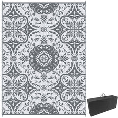 Outdoor Rug for Patio, 9' x 12' Waterproof Large Mat, Reversible Plastic Straw Rug for Decor, Portable Outside RV Camping Area Carpet Mat for Backyard Porch Deck Picnic, Gray & White Floral