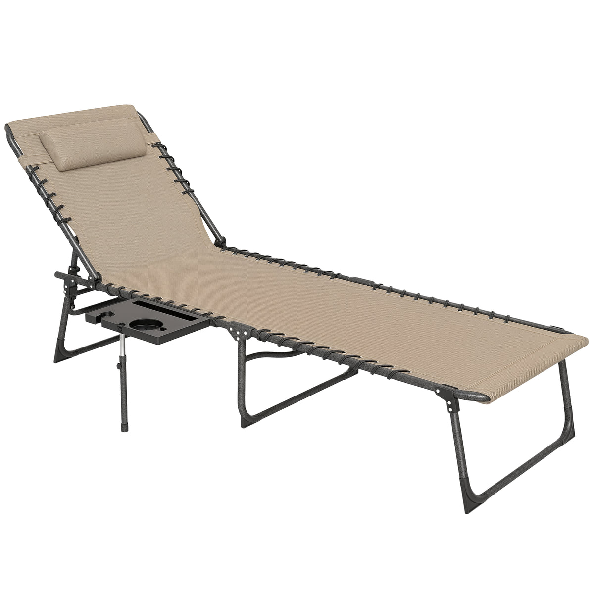 Folding Outdoor Chaise Lounge Chair Tanning Chair with 5-Level Adjustable Back, Side Table, Pillow, Pocket, Beige