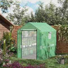 7' x 5' x 6' Walk-in Greenhouse for Outdoors with Mesh Door and Windows, 18 Shelf Hot House with Trellis, Plant Labels, UV Protective for Growing Flowers, Herbs, Vegetables, Saplings, Green