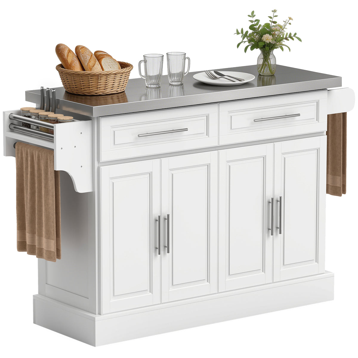 Rolling Kitchen Island Cart with 47" Stainless Steel Top, Portable Island Table for Kitchen with Wheels, Adjustable Shelves, 2 Drawers, Spice, Knife and Towel Rack, White