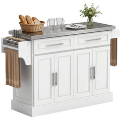 Rolling Kitchen Island Cart with 47" Stainless Steel Top, Portable Island Table for Kitchen with Wheels, Adjustable Shelves, 2 Drawers, Spice, Knife and Towel Rack, White