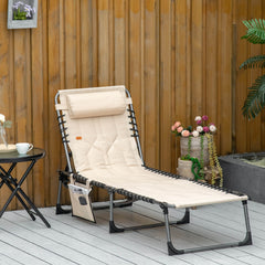 Padded Folding Chaise Lounge Chair, Outdoor 6-Level Reclining Camping Tanning Chair with Headrest for Beach, Yard, Patio, Pool, Beige