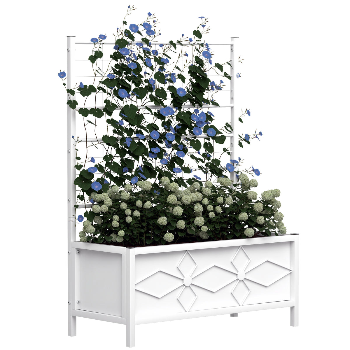 Outdoor Planter Box Galvanized Raised Garden Bed with Trellis for Climbing Vines, 35.4" x 15.7" x 47.2", White