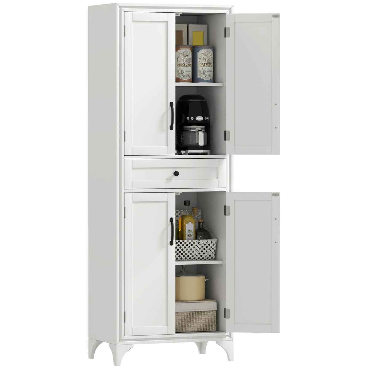 67" 4-Door Kitchen Pantry with Drawer and Adjustable Shelves, White