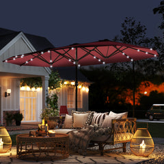 Garden Parasol 14.4ft Double-Sided Sun Umbrella with Base, Patio Parasol with LED Solar Lights, Wine Red