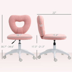 Armless Computer Desk Chair, Office Task Chair, Teddy Fleece Heart Makeup Vanity Chair with Swivel Wheels, Pink