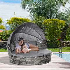 4 Piece Round Rattan Daybed, Convertible Patio Furniture Set, Adjustable Sun Canopy, Sectional Outdoor Sofa, 2 Chairs, Extending Tea Table Ottoman Chair, 3 Pillows, Gray