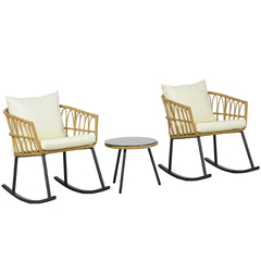 Wicker Outdoor Rocking Chair Set, 3 Piece Patio Bistro Set with 2 Porch Rocker Chairs, Glass Top Coffee Table and Cushions, Patio Conversation Set for Balcony, Backyard, Cream White